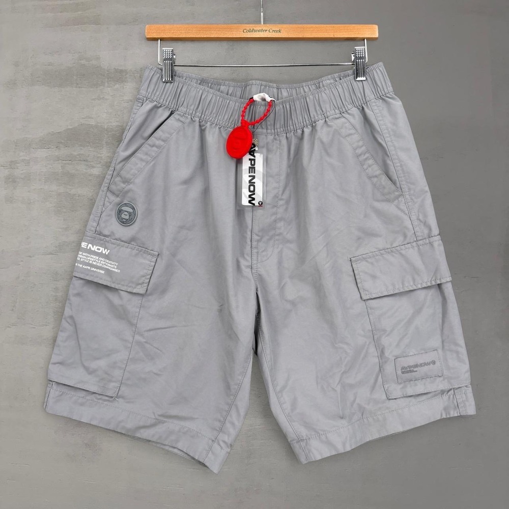 NEW AAPE BY A BATHING APE Moonface Woven Cargo Shorts Grey‎ Elastic Waist Large